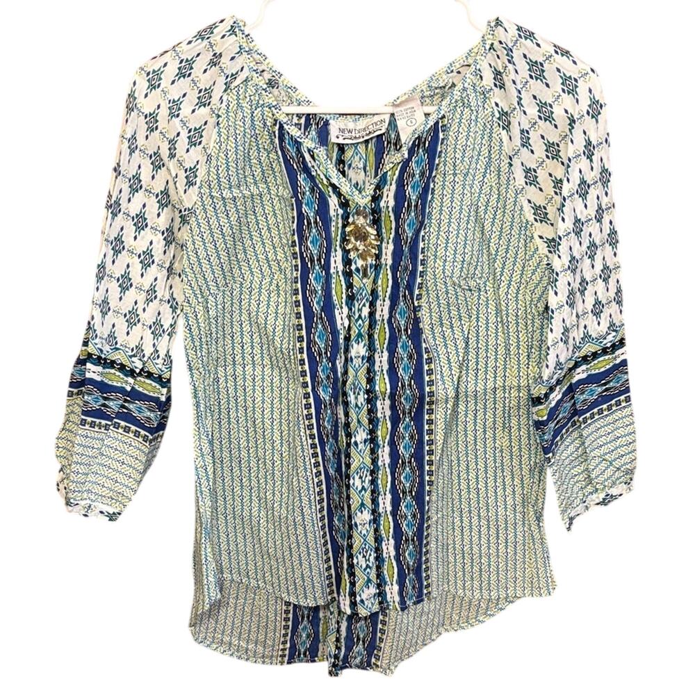 New Direction Boho Print Blouse Jewel Pendant 3/4 Sleeve Top Small